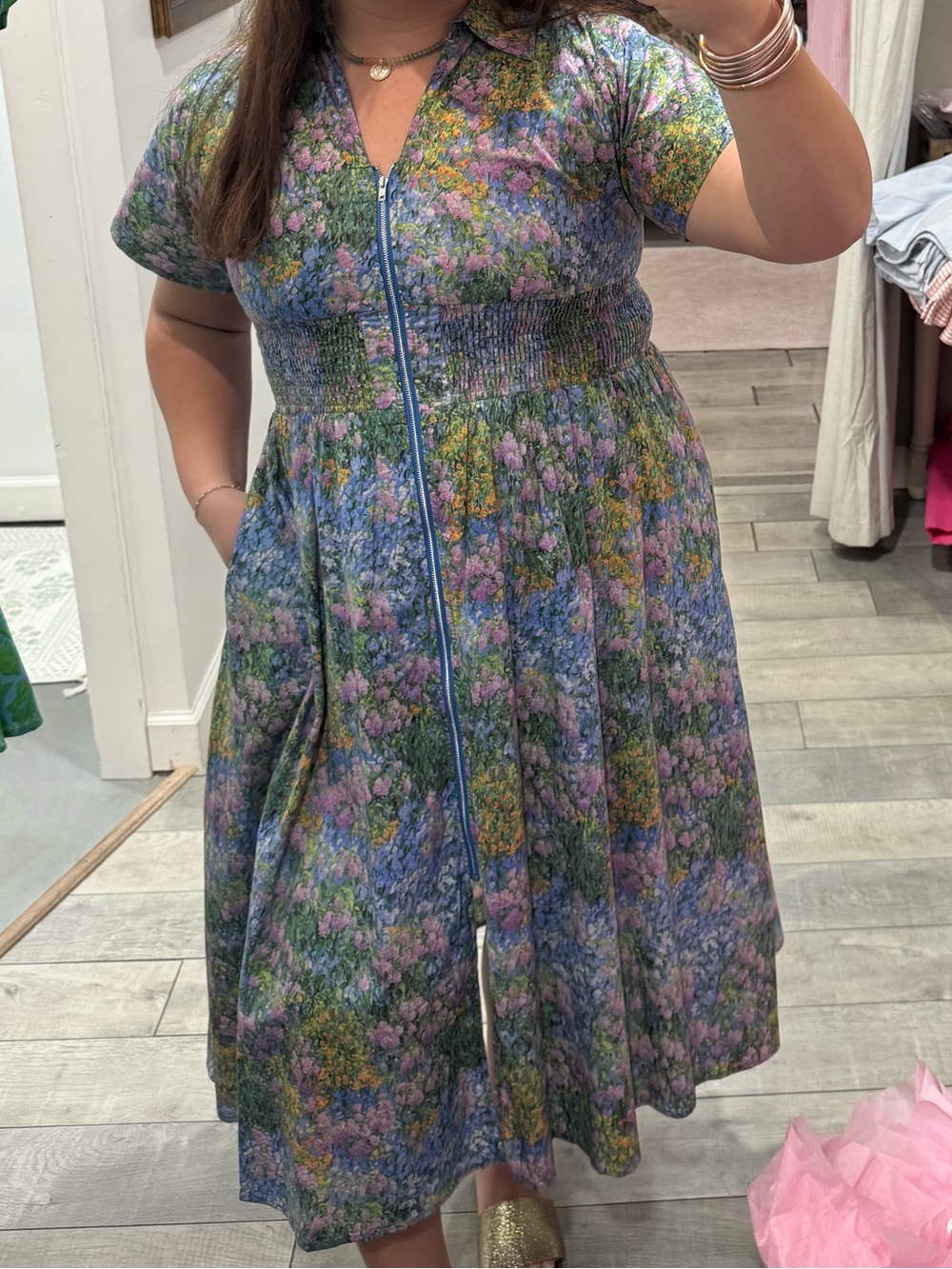 Entro Boutique Dress / Multicolor Floral Zip-Front Midi Dress